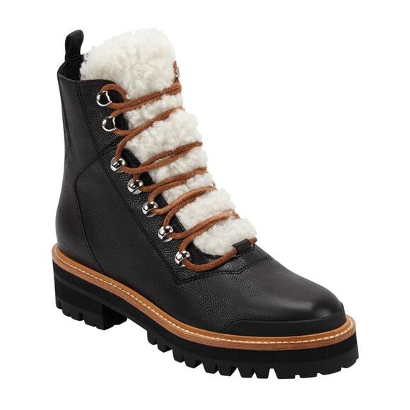 Marc Fisher Izzie Lace Up Boots Black Leather Shearling Women's Size 8 Lug Sole - Picture 1 of 9